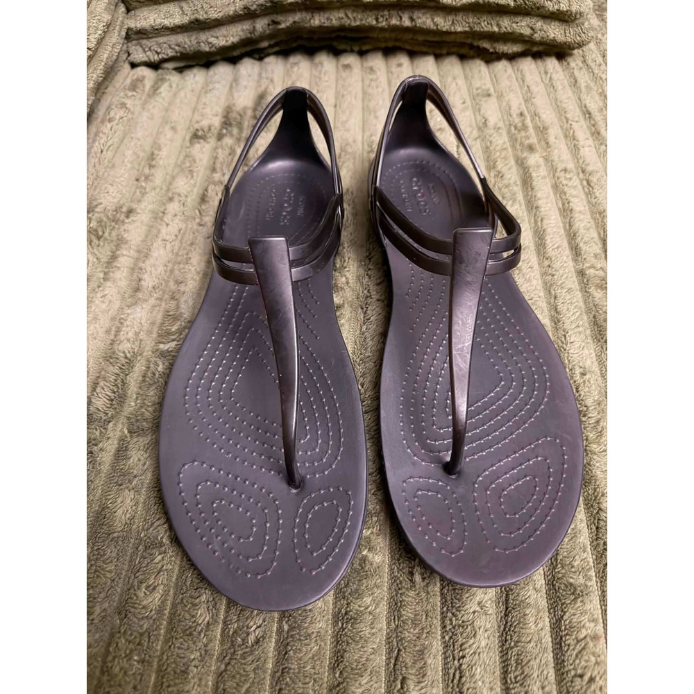 Crocs Womens 10 Black Isabella T-Strap Sandals Flat Jelly Strappy Comfort